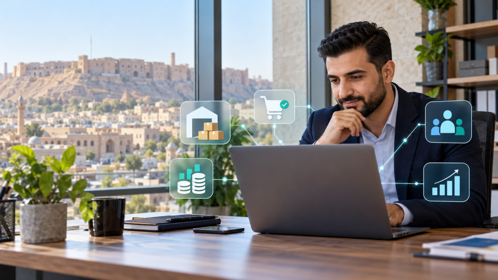 Erbil’de bir KOBİ yöneticisi, ERP ve CRM süreçlerini dizüstü bilgisayarında inceliyor.